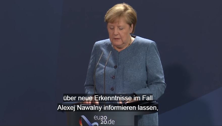 Ангела Меркель во время заявления по делу Навального (иллюстрация - стоп кадр видео Бундестага)