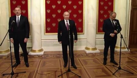Пресс-конференция В. Путина, И. Алиева, Н. Пашиняна 11.01.2021 г. (скриншот видео)