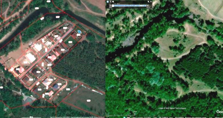 Слева элитный посёлок в Среднеахтубинской пойме в текущее время, а справа, дубовая роща, которая была на этом месте в 2008 году.