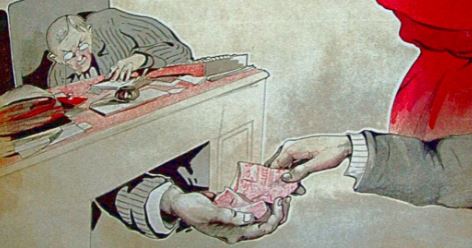 Деньги коррумпированных чиновников под прицелом (советский плакат)