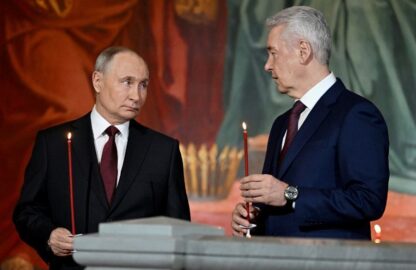 Путин и Собянин на пасхальном богослужении. 5 мая 2024 года